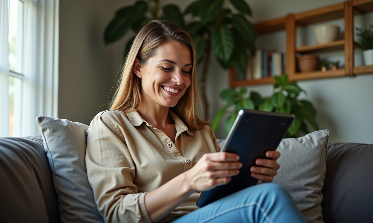 Mulher brasileira analisando seus rendimentos de fundos de investimento em um tablet.