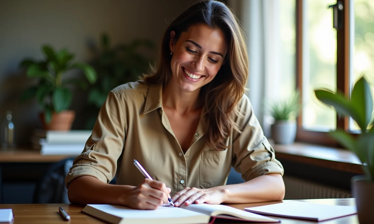 Mulher brasileira anotando metas de perda de peso em um caderno.