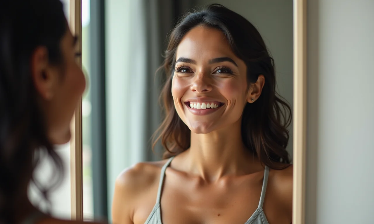 Mulher brasileira confiante sorrindo para seu reflexo no espelho.