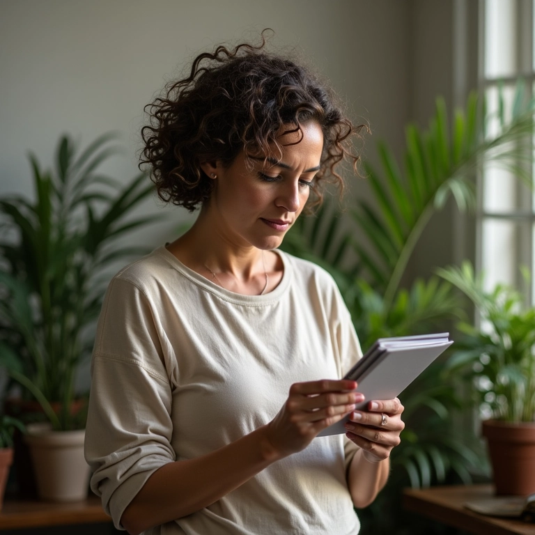 Mulher brasileira de meia-idade analisando sua carteira de segurado da previdência social.