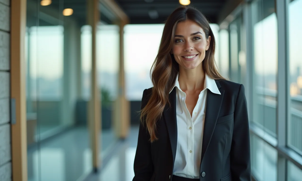 Mulher brasileira elegantemente vestida para reunião de negócios em escritório moderno.