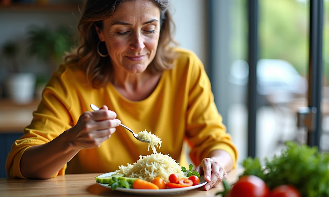 Mulher brasileira saboreando refeição com chucrute.