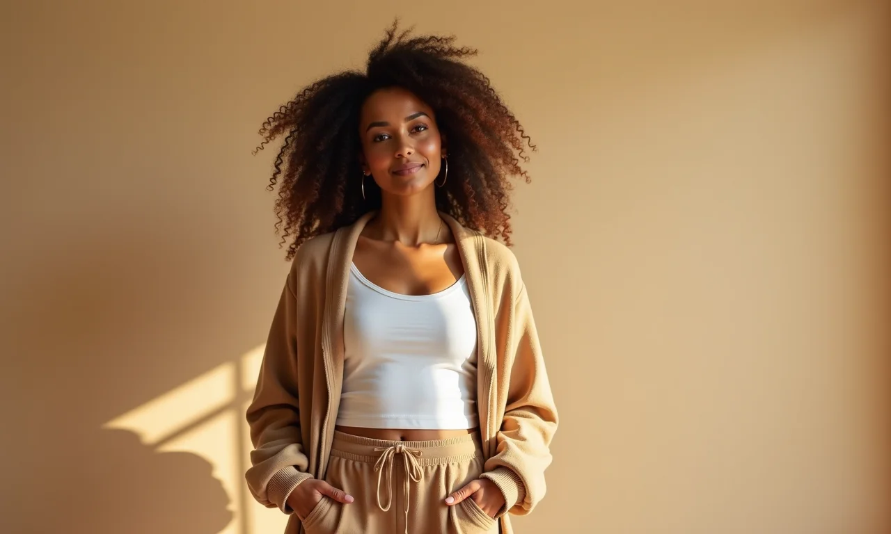 Mulher brasileira usando roupa confortável e estilosa de tecidos macios e corte relaxado.