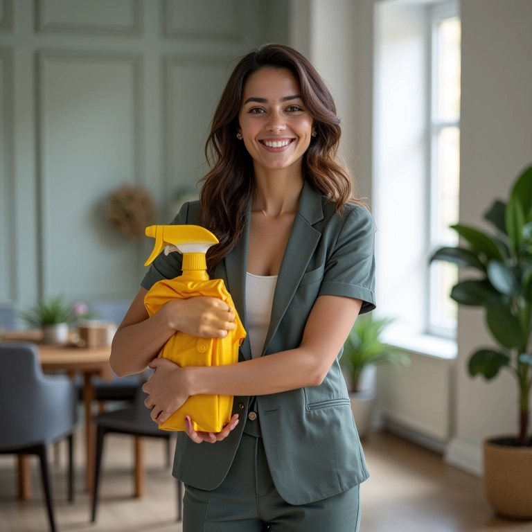 Mulher brasileira vestida profissionalmente, carregando materiais de limpeza e sorrindo com confiança.