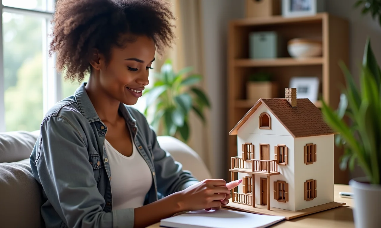 Mulher buscando inspiração online para móveis de casinha de boneca.