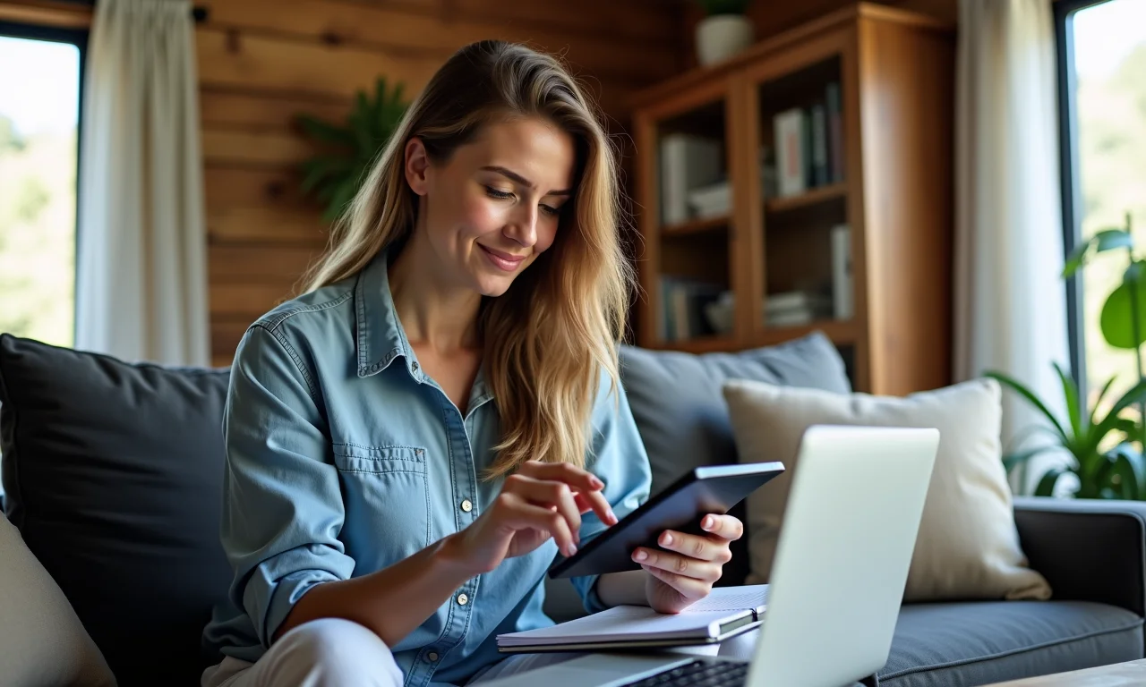 Mulher calculando se o financiamento do carro cabe no orçamento.