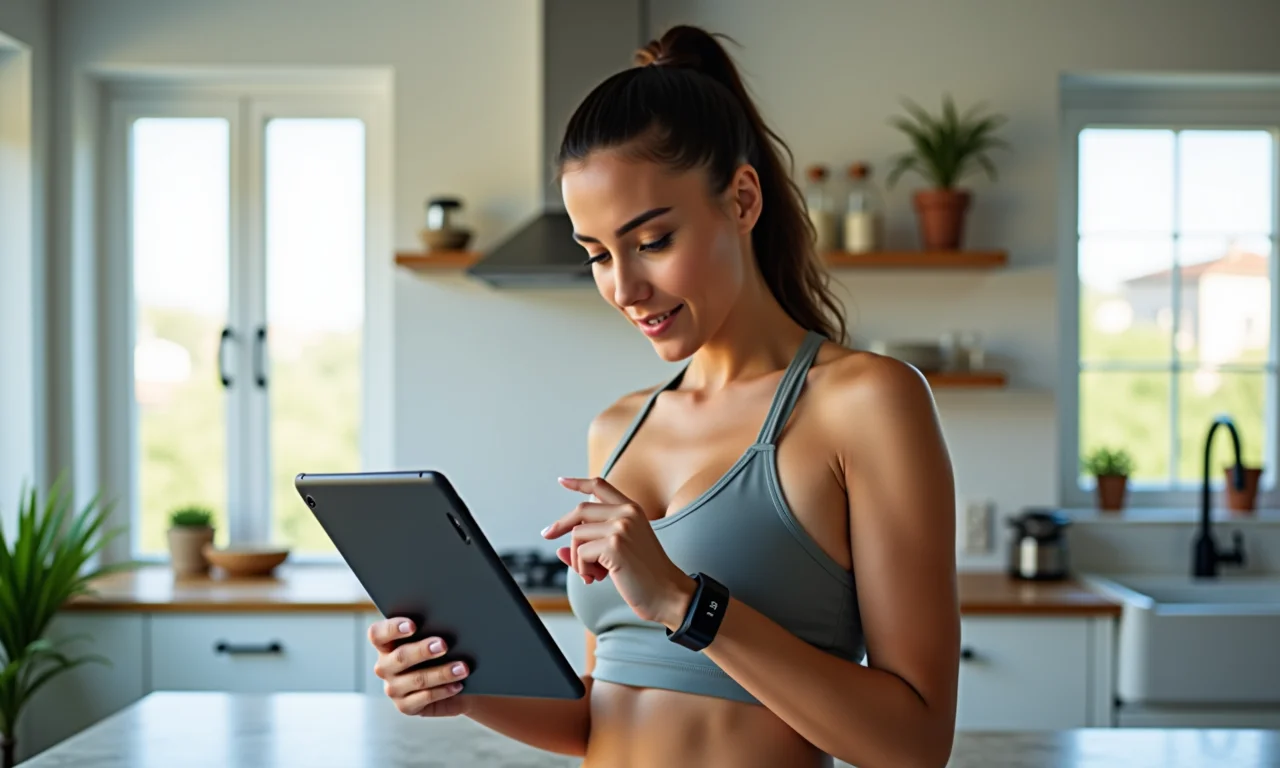 Mulher calculando suas necessidades calóricas diárias em um tablet.