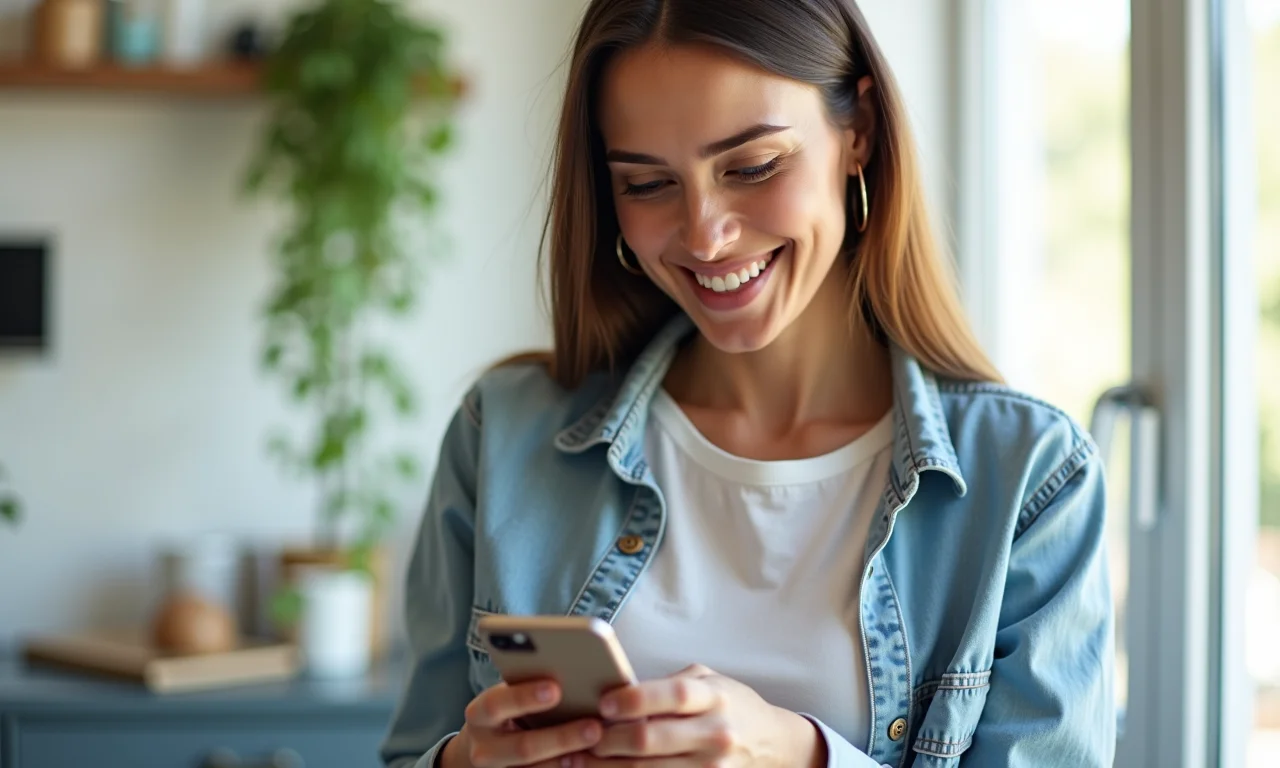Mulher checando seu score de crédito no smartphone com um sorriso de satisfação.
