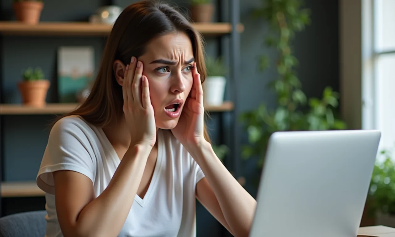 Mulher chocada com email fraudulento no laptop.