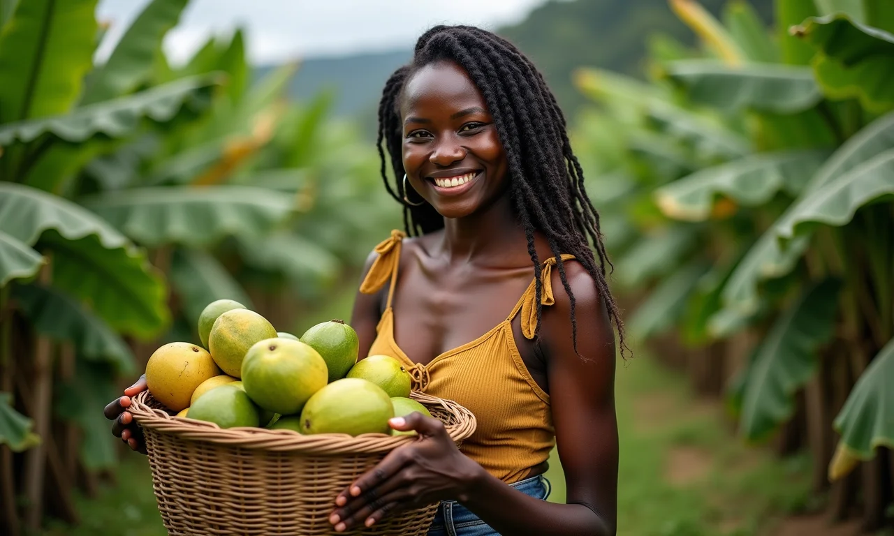 Mulher colhendo guabiju em paisagem exuberante do Brasil.