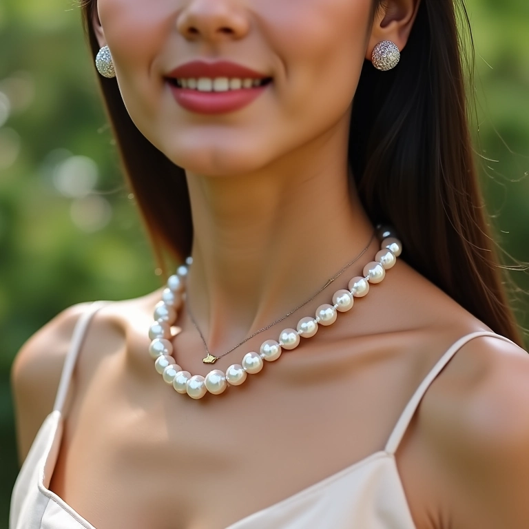 Mulher com colar de pérola e fita.