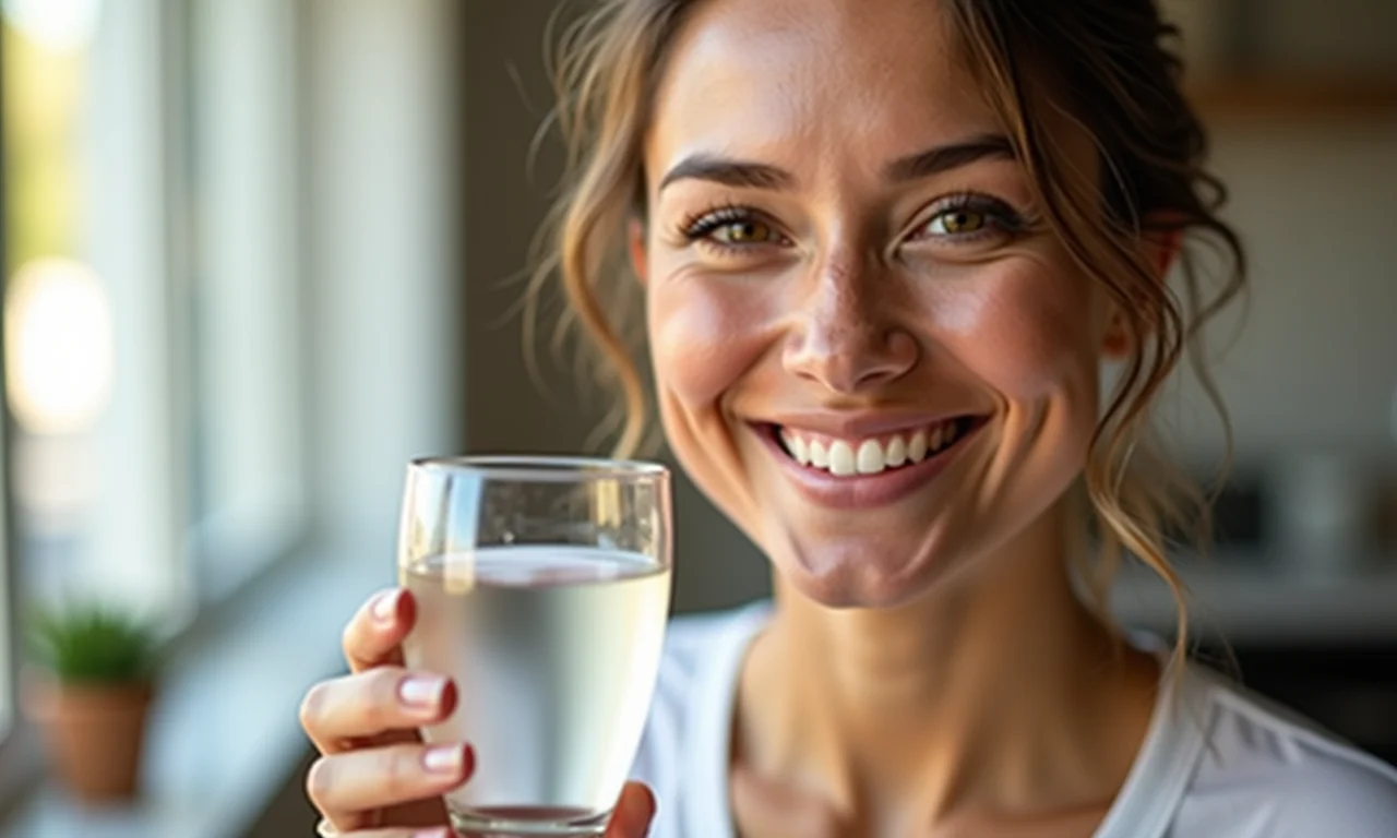 Mulher com pele radiante segurando um copo de água.