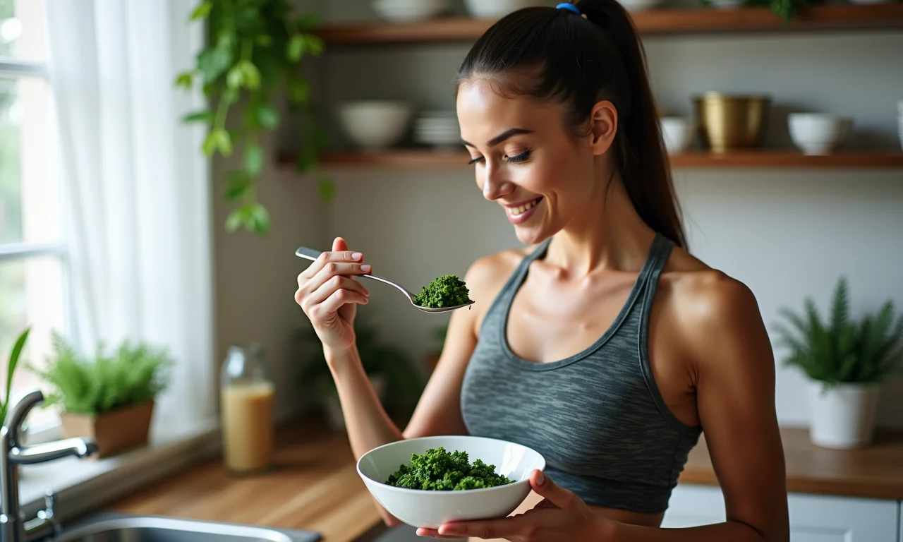 Mulher comendo sopa de couve após o exercício