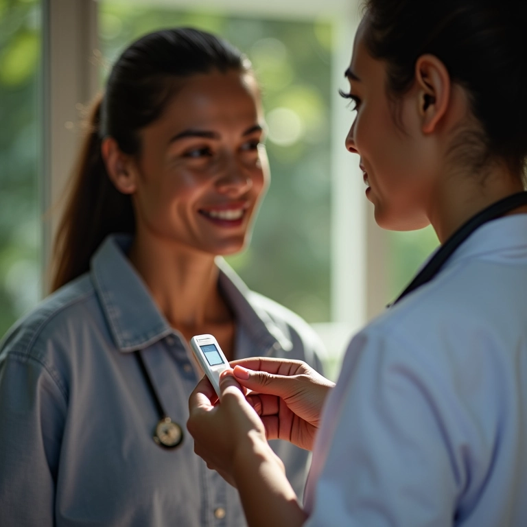 Mulher comparando resultado do Clearblue Digital com confirmação médica.