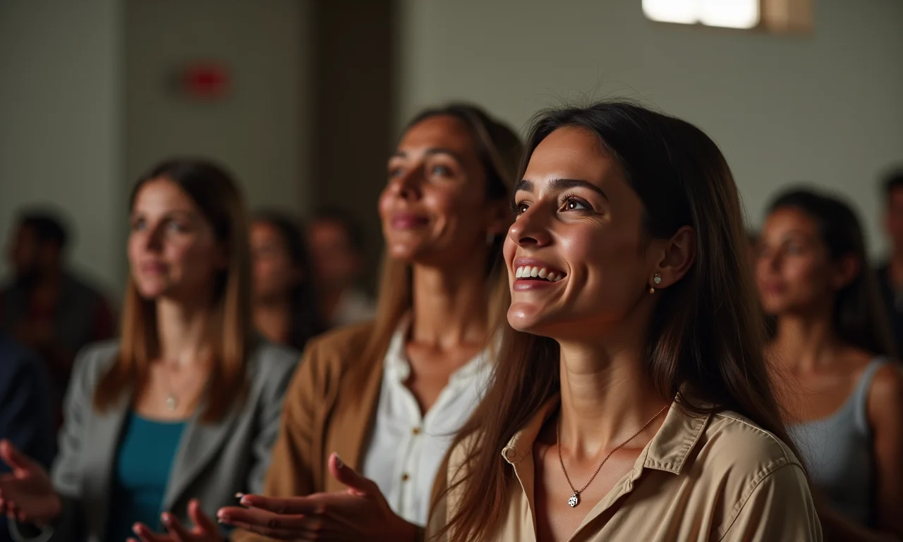 Mulher compartilhando testemunho pessoal emocionante na igreja.