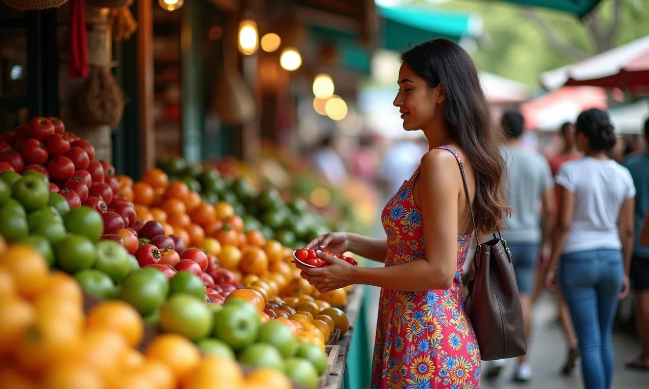 Mulher compra araçá em mercado brasileiro vibrante.
