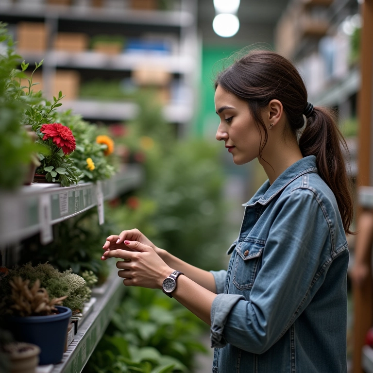 Mulher comprando materiais para lago de carpas na Leroy Merlin.