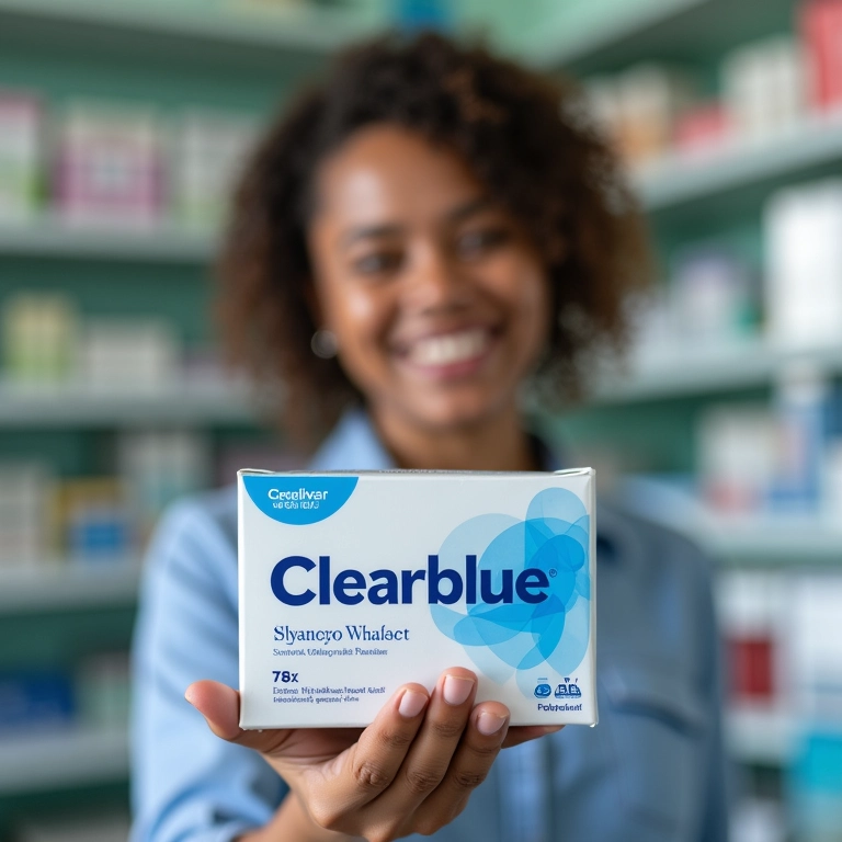 Mulher comprando teste Clearblue Digital na farmácia.