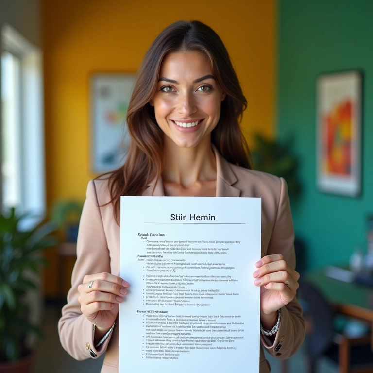 Mulher confiante apresentando currículo com conquistas destacadas.