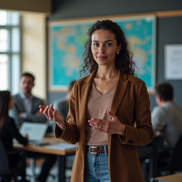 Mulher confiante apresentando um projeto, demonstrando ser interessante e interessante.