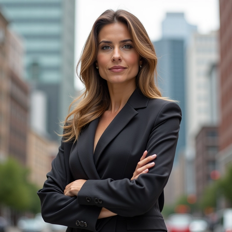 Mulher confiante em ambiente urbano, irradiando atitude e autoestima elevada.