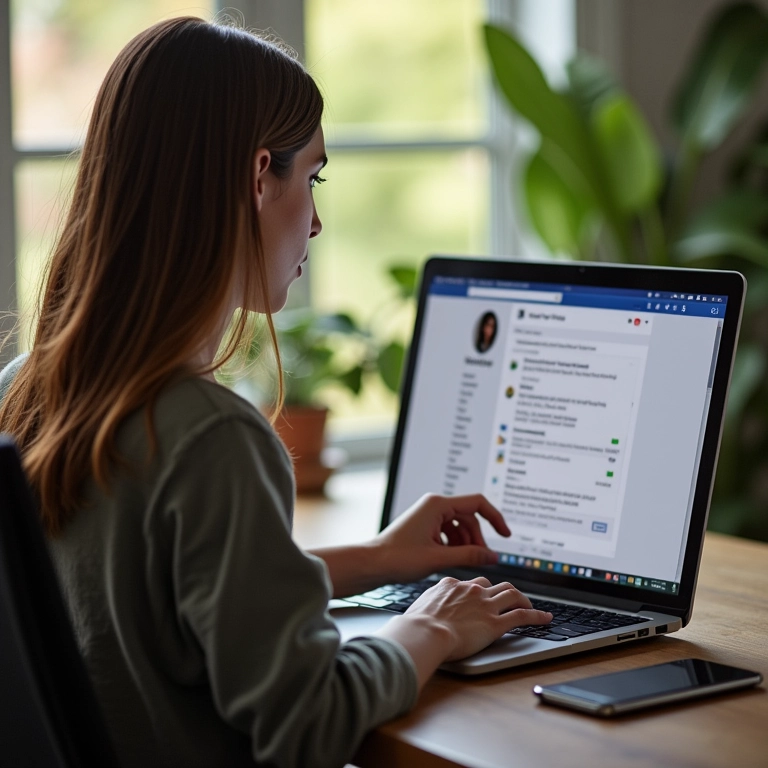 Mulher configurando privacidade no Facebook.