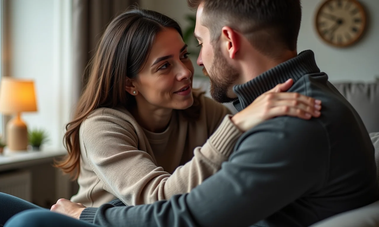 Mulher confortando um homem, demonstrando apoio em um momento difícil.