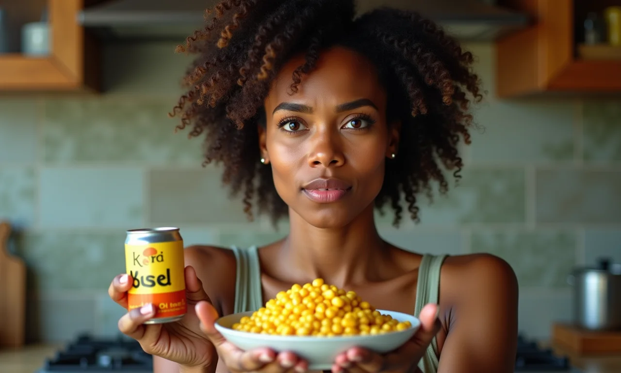 Mulher confusa segurando milho em lata e milho fresco.