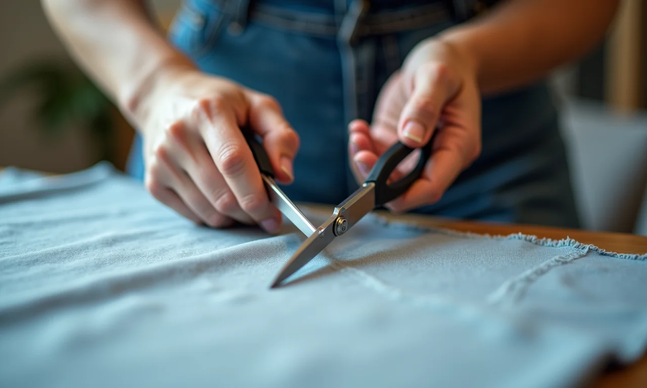 Mulher cortando tecido impermeável com tesoura, seguindo um molde.