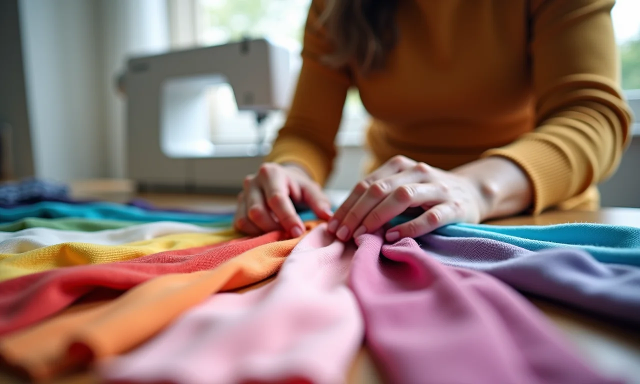 Mulher costurando tiras de tecido colorido para fazer um tapete de banheiro.