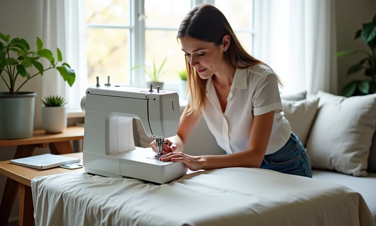 Mulher costurando uma capa de sofá em máquina de costura.