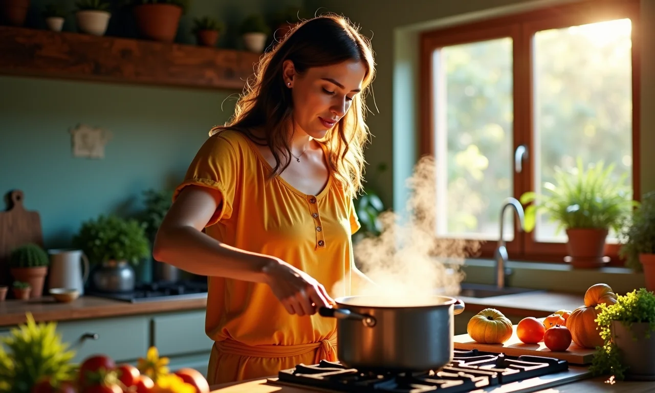 Mulher cozinhando feijão em panela colorida, cozinha brasileira vibrante.