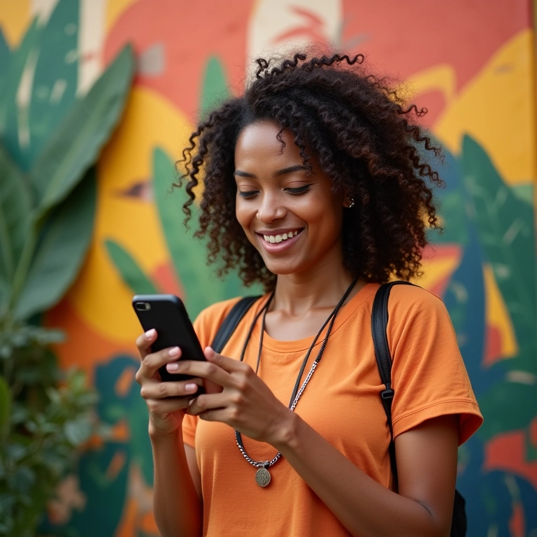 Mulher criando conteúdo envolvente para o Instagram, com o celular na mão em um ambiente colorido.