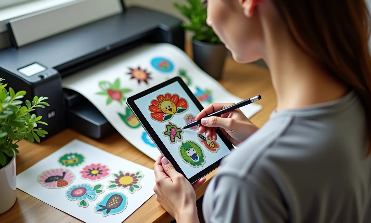Mulher criando design de adesivo em tablet.