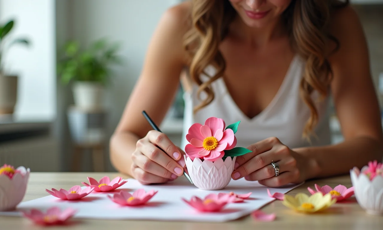 Mulher criando forminhas de doces personalizadas para casamento.