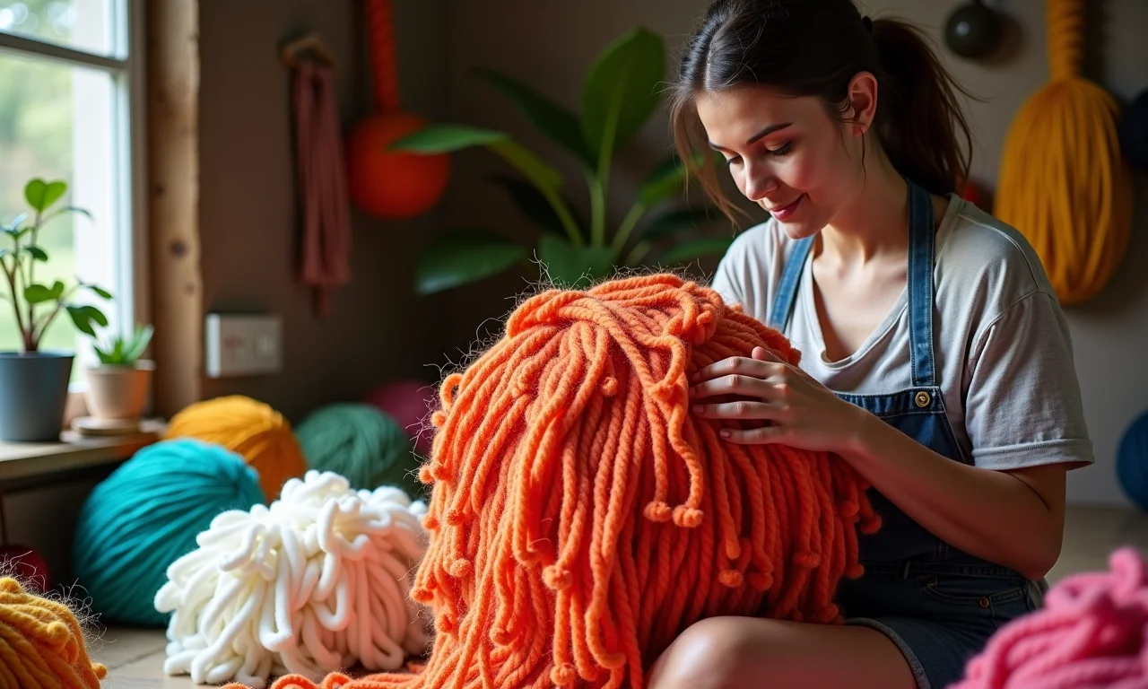 Mulher criando pompom gigante de lã.