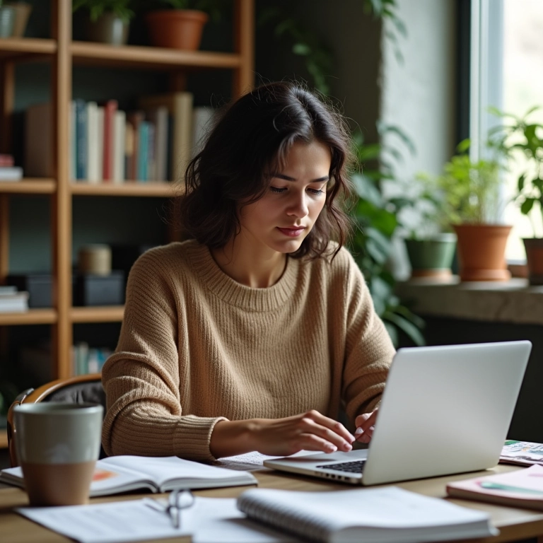 Mulher criando um calendário de estudos no laptop.