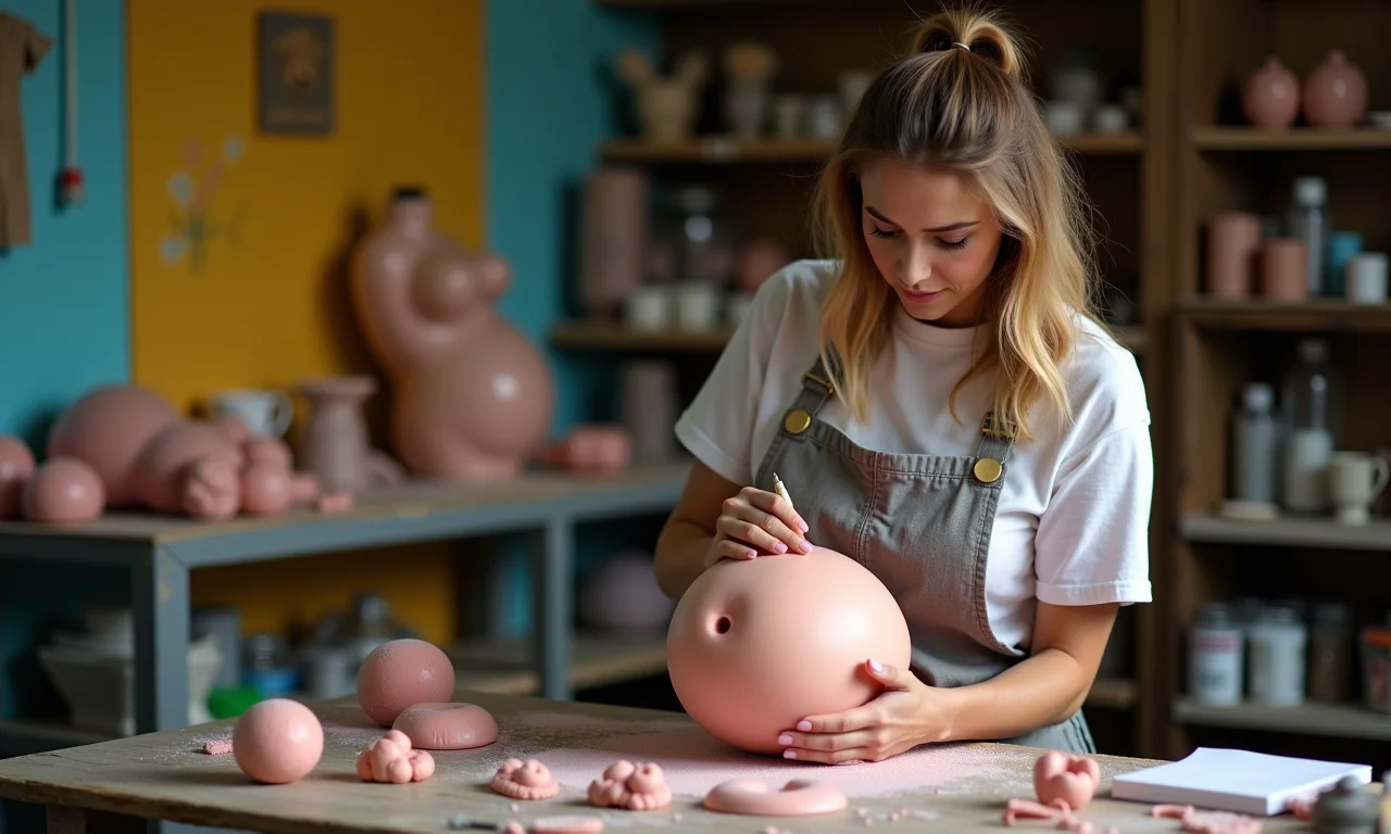 Mulher criando uma barriga falsa com espuma em um ateliê vibrante.