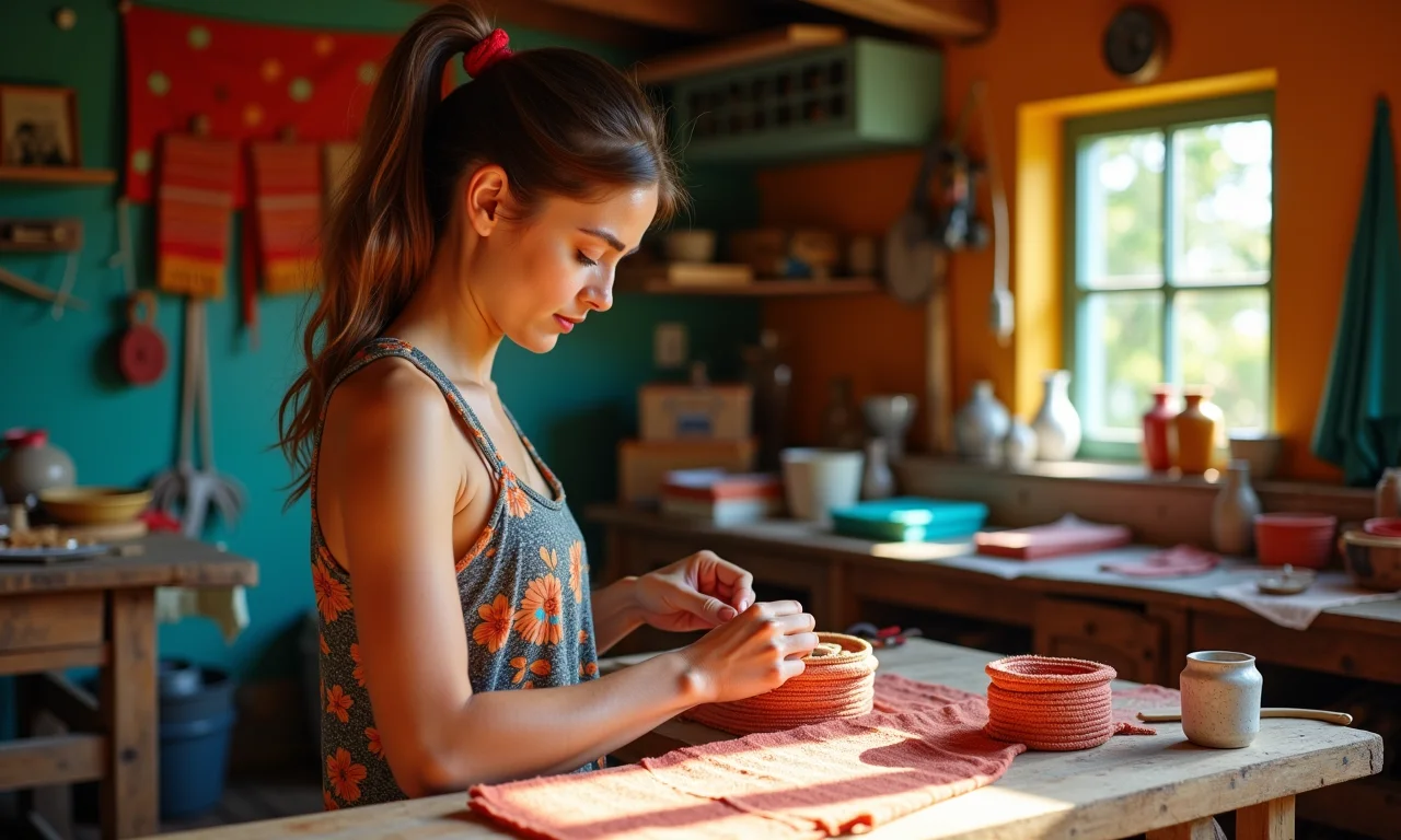 Mulher criando uma monofin caseira em um ateliê iluminado e colorido.