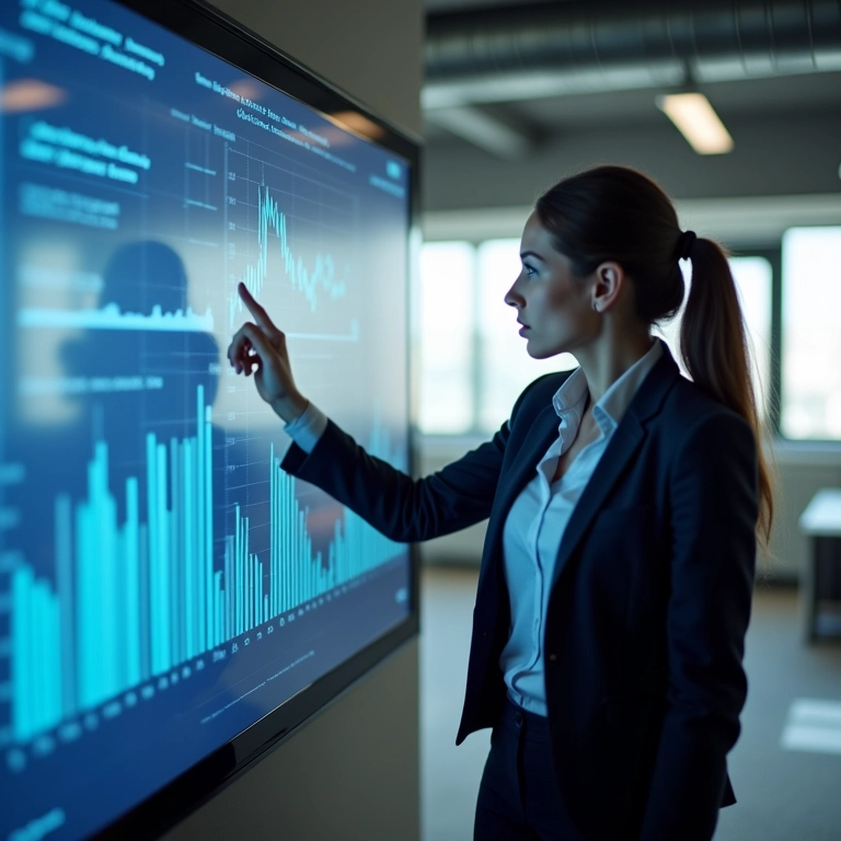 Mulher de negócios identificando tendências de mercado em ferramenta de visualização de dados.