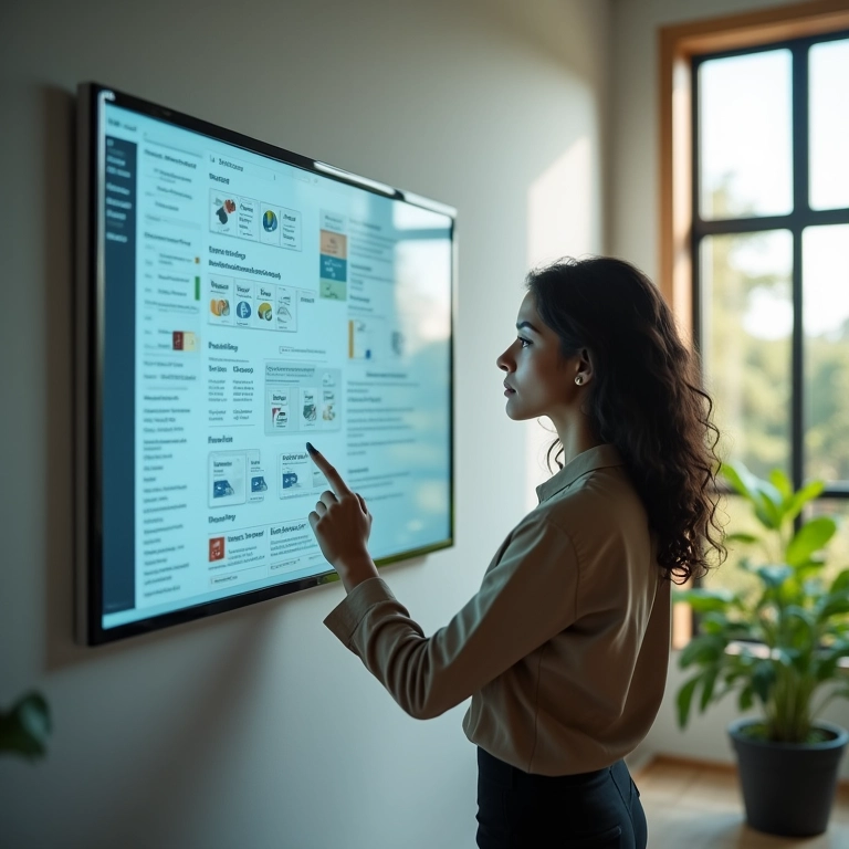 Mulher de negócios selecionando tendência de mercado em display digital.