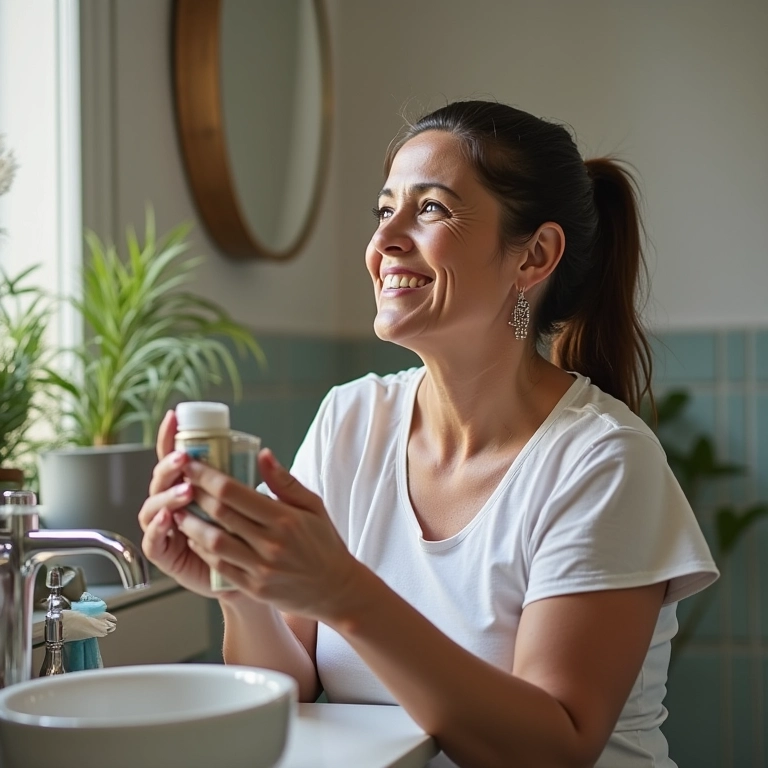 Mulher decorando o banheiro com enfeites DIY.