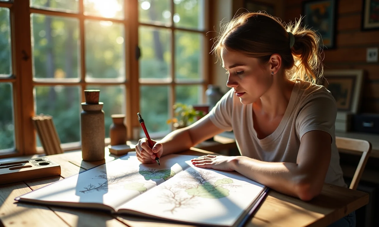 Mulher definindo o tamanho e o design da casinha na árvore.