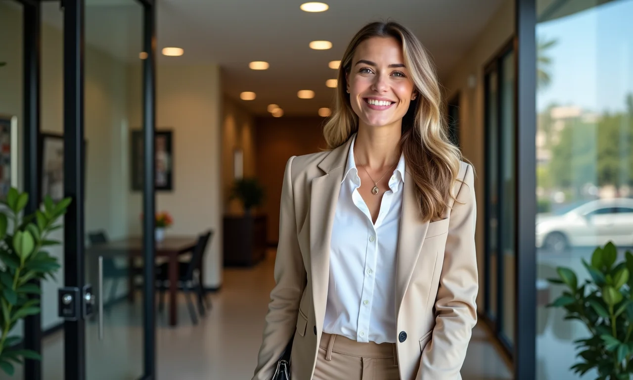 Mulher deixando um prédio de escritórios após vencer um processo, representando rescisão indireta.