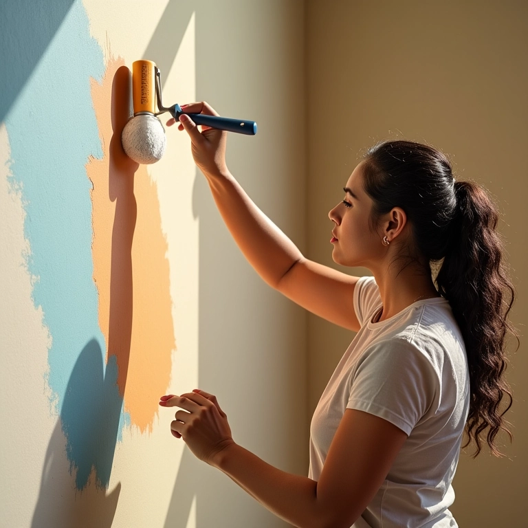 Mulher demonstrando técnicas de pintura em parede.