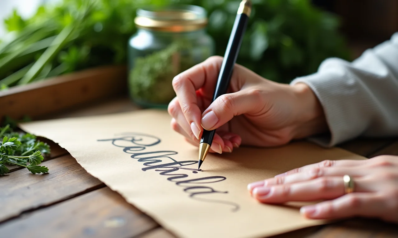Mulher desenhando uma etiqueta à mão com caligrafia elegante.