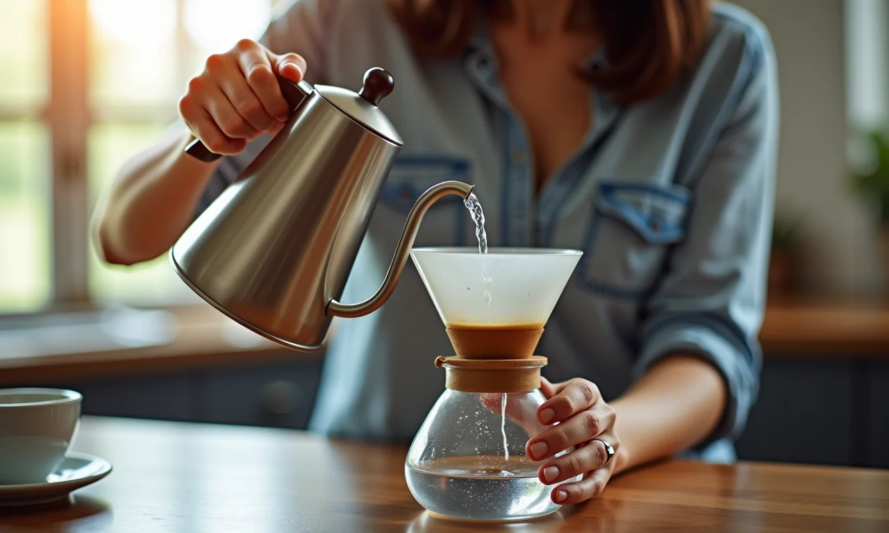 Mulher despejando água filtrada em uma chaleira.