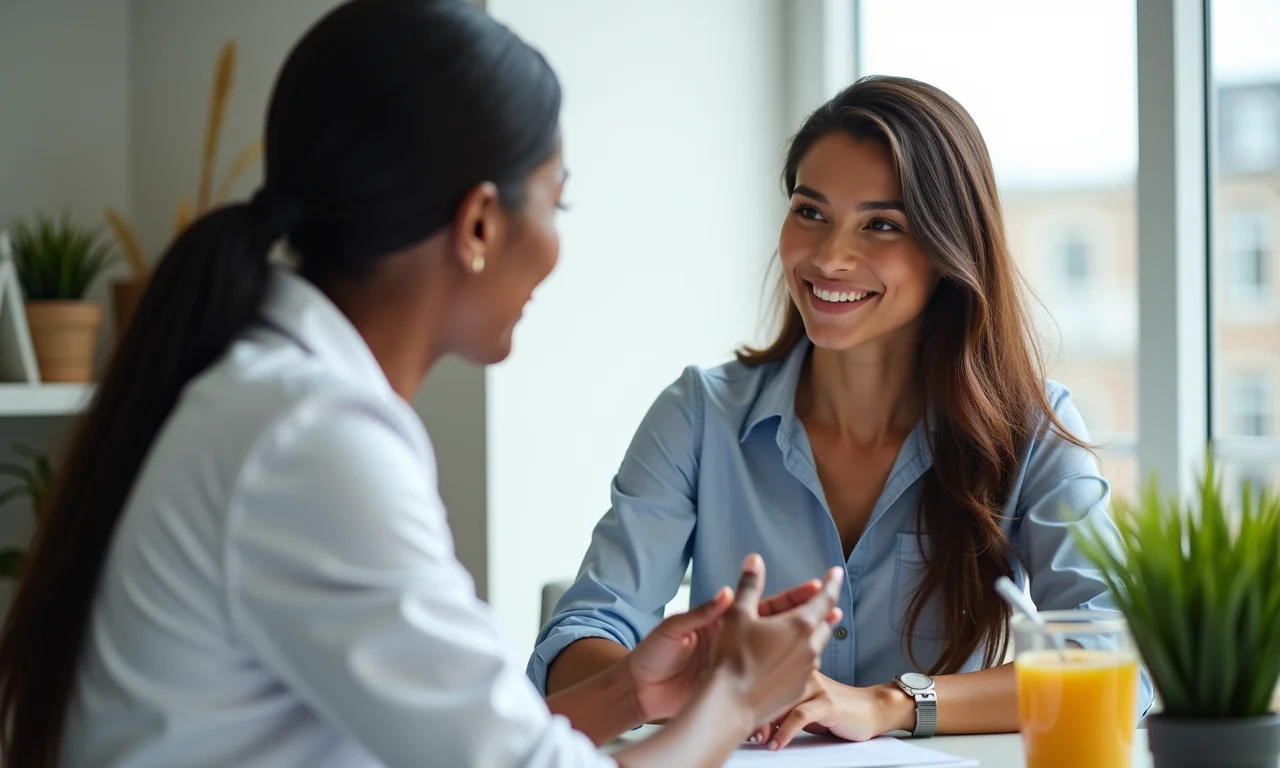 Mulher diversa consultando nutricionista para plano alimentar.