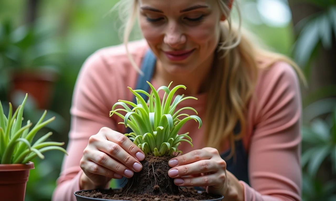 Mulher divide rizomas de Renda Portuguesa para mudas.