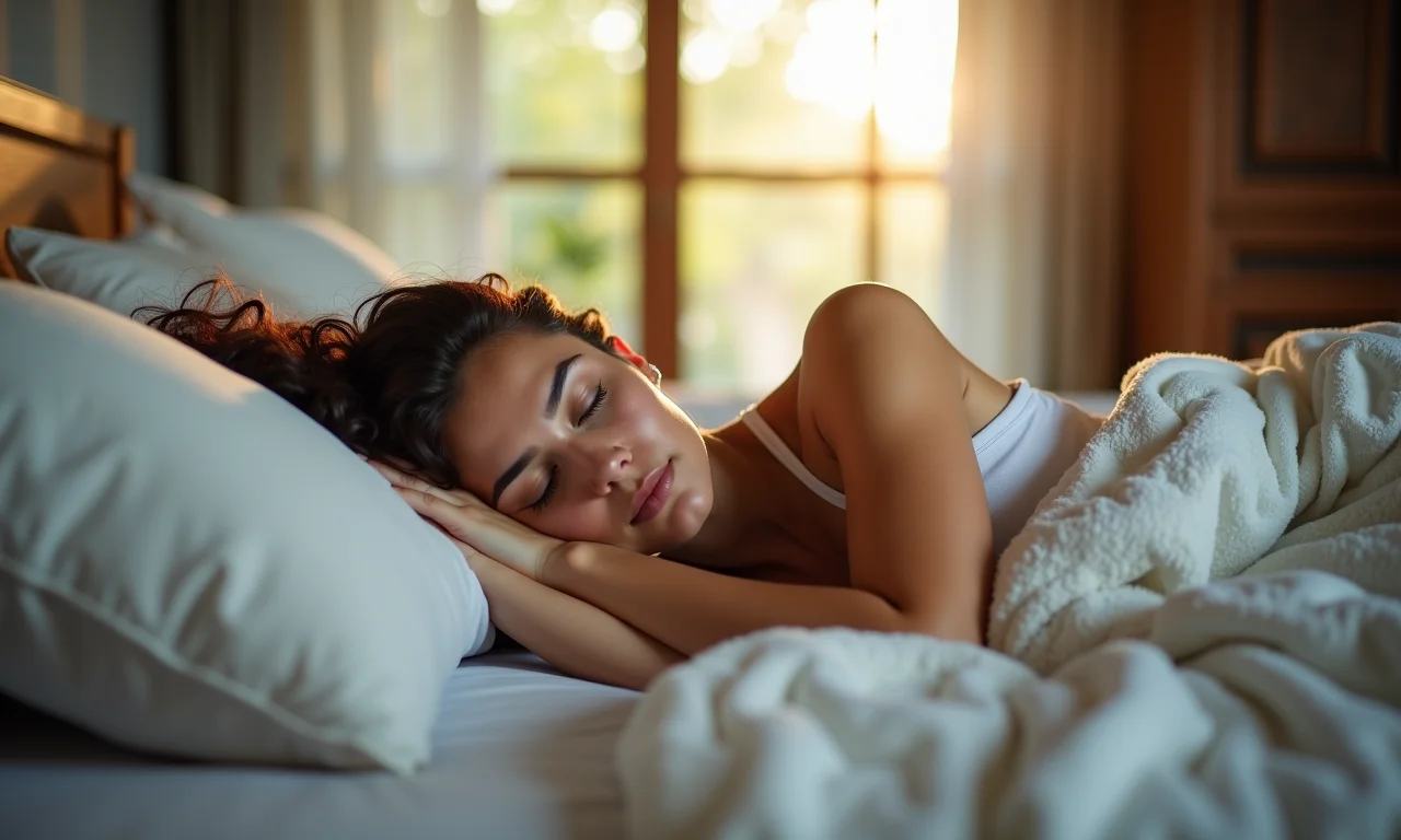 Mulher dormindo tranquilamente em quarto aconchegante.
